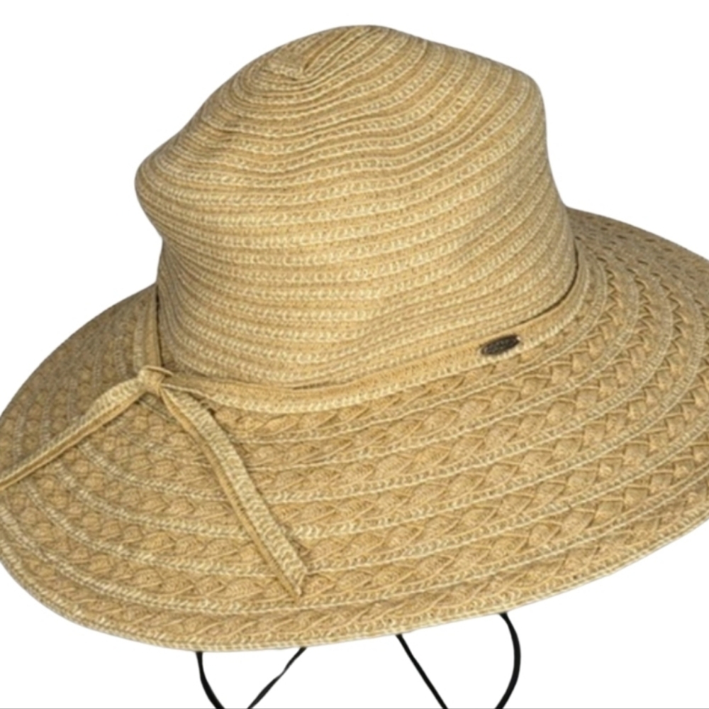 Scala Paper Sun Hat With Ties Tan New To Like New One Size Bin AV